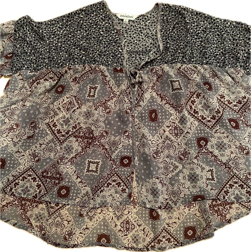 Davi Dani Top Small Blue Vivian Blouse Loose Fit Ruffle Front Tie Coverup